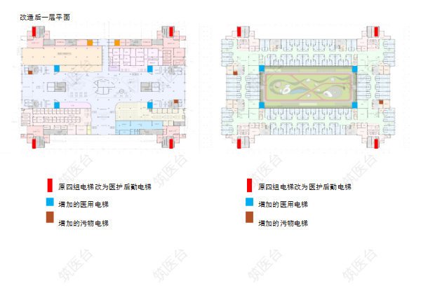 一层电梯改造后平面图
主楼暂无满足病人使用的病床梯及污物电梯，为减少对主楼结构的影响， 在主楼范围外增加四组共八部医用电梯，每个护理单元俩部。主楼原交通核供医护工作及后勤办公使用。