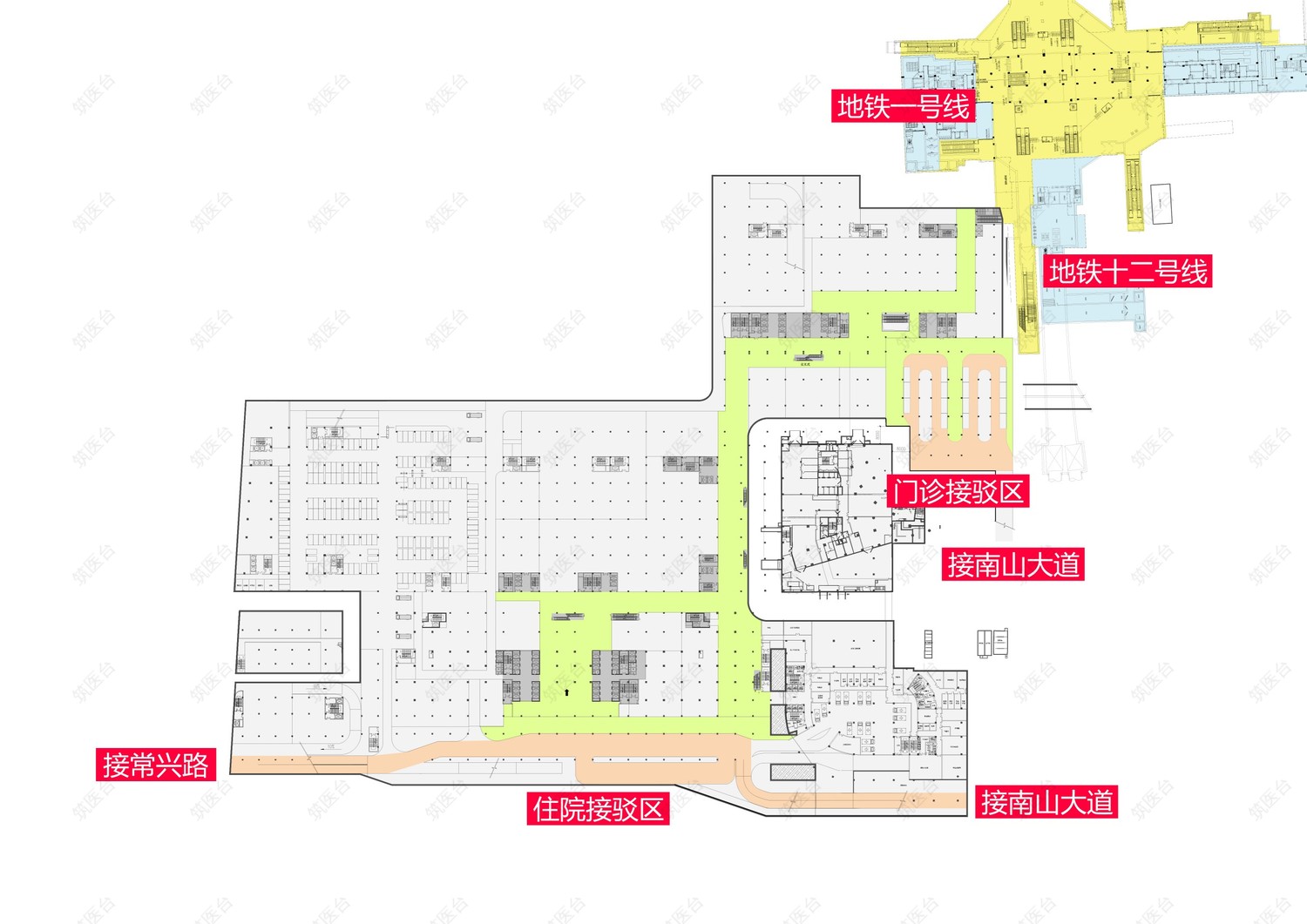 无风雨立体交通
在基地南侧与东侧设置下穿道路，并采用单向循环，结合下穿道路分别设置住院区、门诊区专用交通接驳系统，并采用单向循环，提高进出车效率。