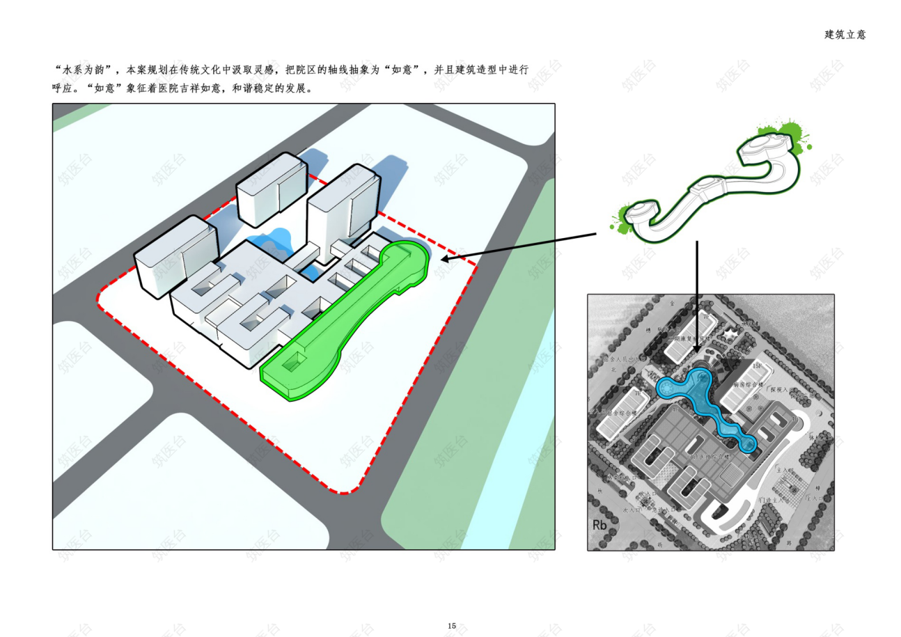 项目理念——建筑立意
“水系为韵”，本案规划在传统文化中汲取灵感，把院区的轴线抽象为“如意”，并且建筑造型中进行呼应。象征着医院吉祥如意。
